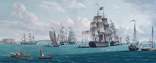 The U. S. Ship Franklin, with a View of the Bay of New York by Thomas Thompson-American Painting