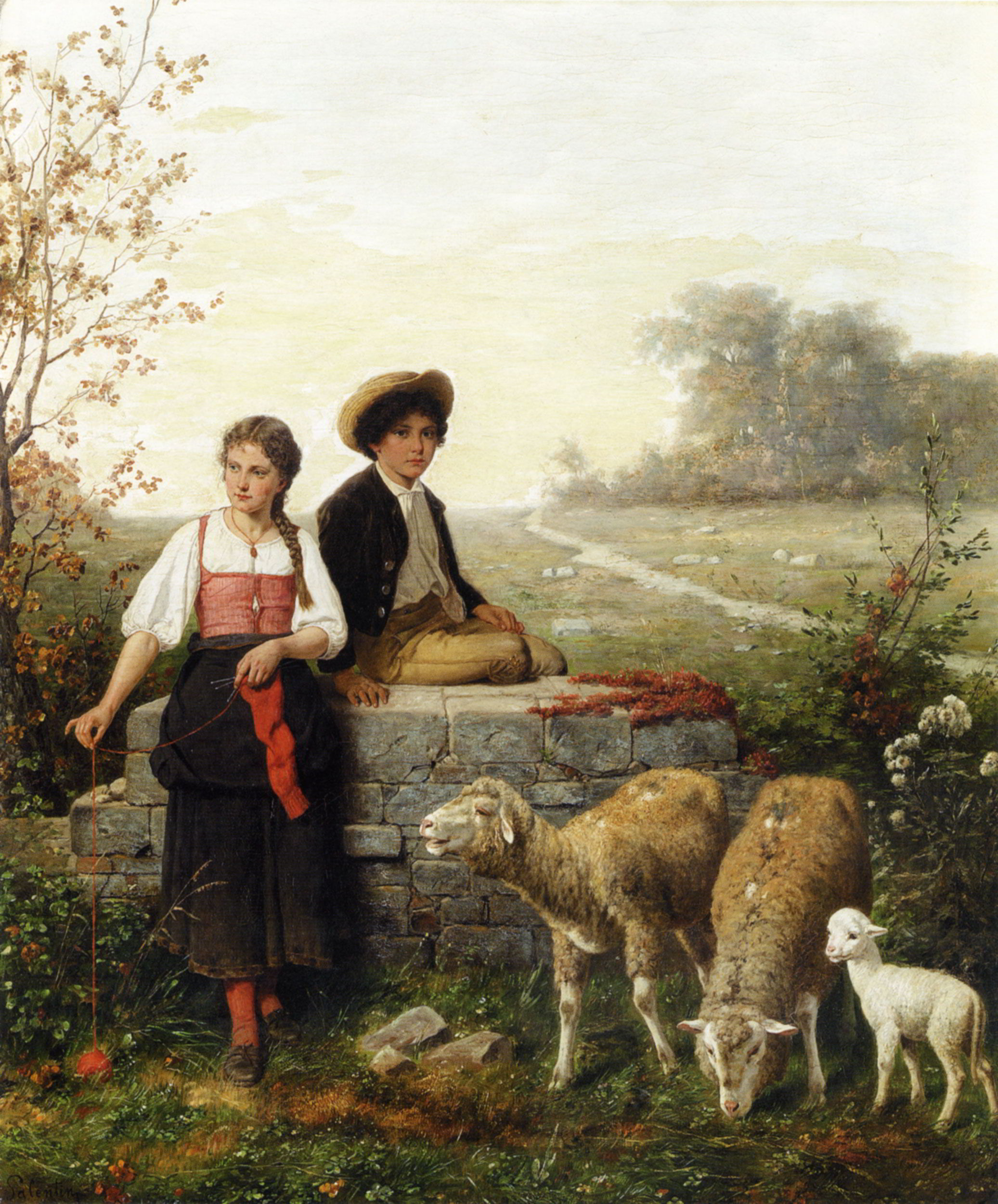 The Young Sheep Tenders by Hubert Salentin-German Painting