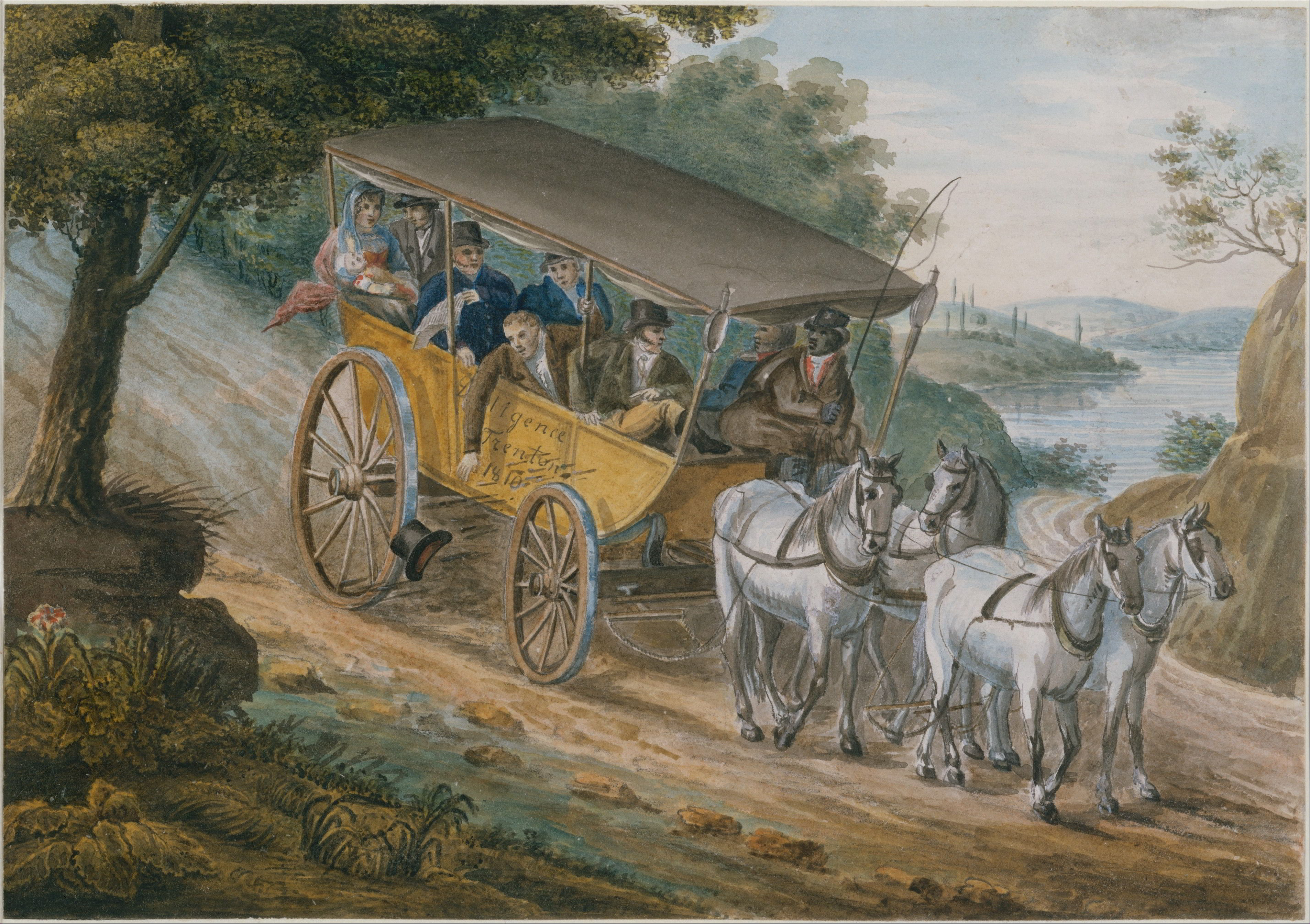 Travel by Stagecoach Near Trenton, New Jersey by Pavel Petrovich Svinin-Watercolour Painting