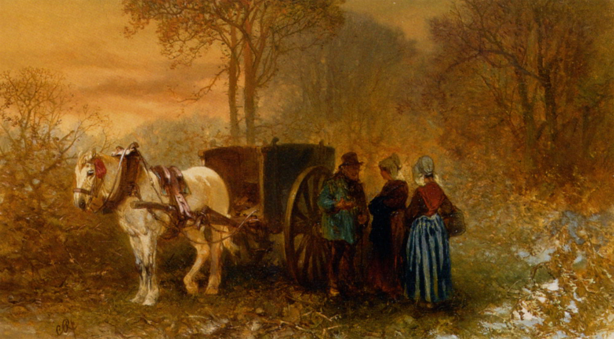 Travellers by a Horse and Cart in a Wooded Landscape by Charles Rochussen-Horsecart Painting