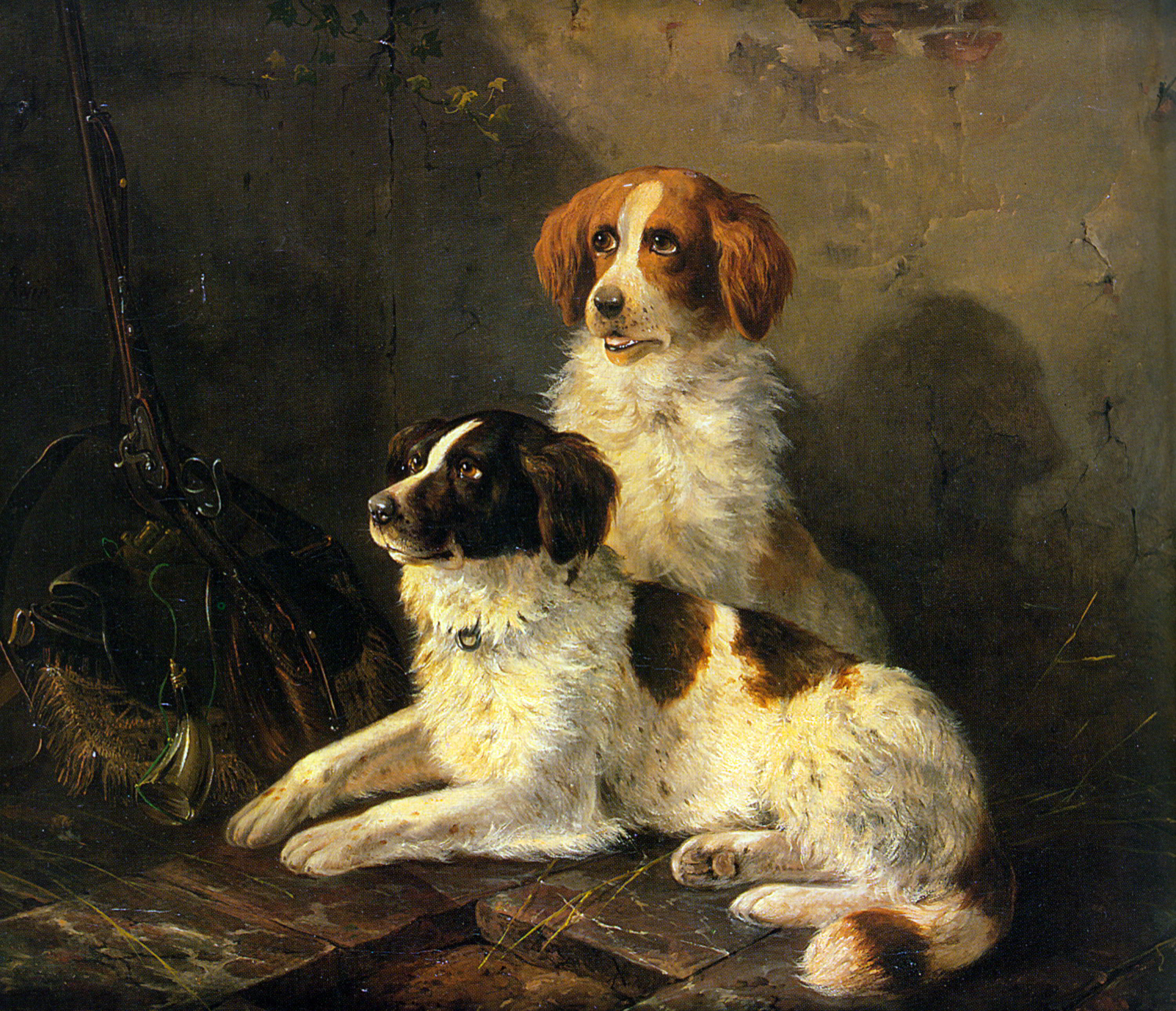 Two Spaniels Waiting for the Hunt by Henriette Ronner-Knip-Oil Painting