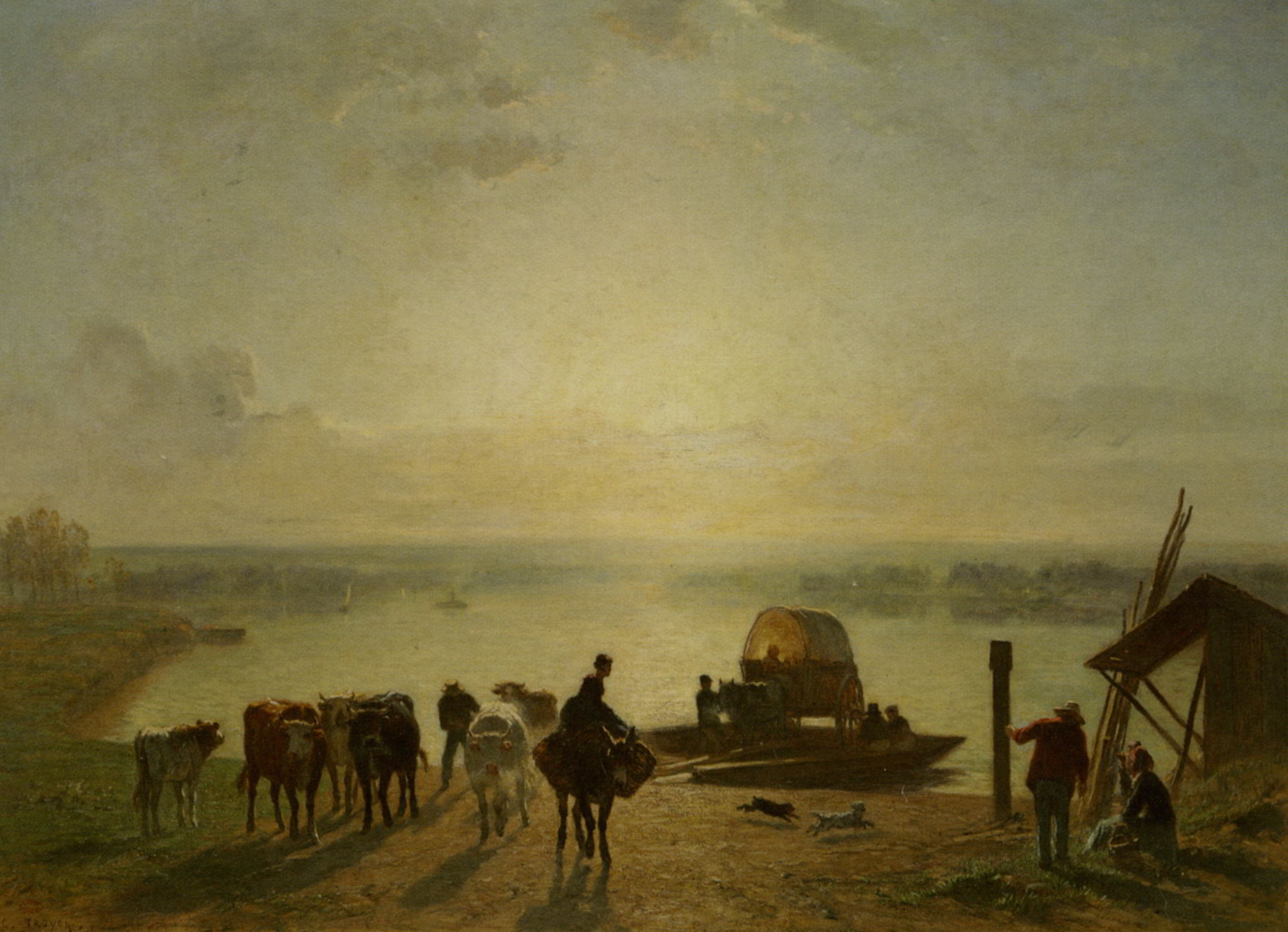 Unloading the Ferry by Constant Troyon-Oil Painting