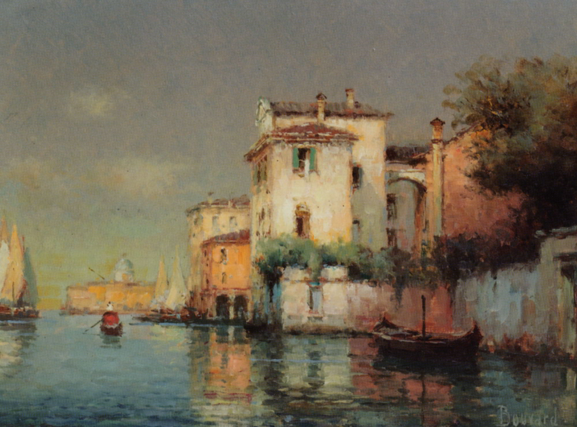 Venetian Canal Scene with Fishing Boats and Gondolas by Noel Bouvard-Landscape Painting