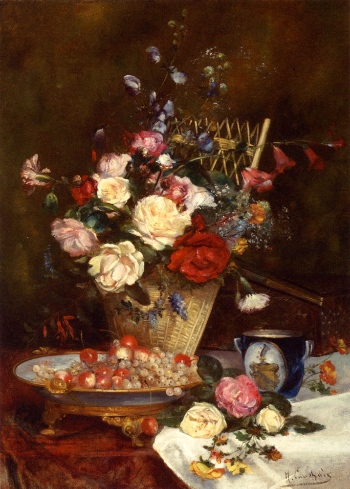 Still Life With Roses, Cherries And Grapes by Eugene Henri Cauchois-Still Life Painting