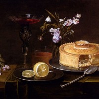A Still Life Of A Pie And Sliced Lemon On Pewter Dishes, A Vase Of Flowers, A Glass Of Beer And A Wine Glass Upon A Partly Draped Table by Frans Ykens