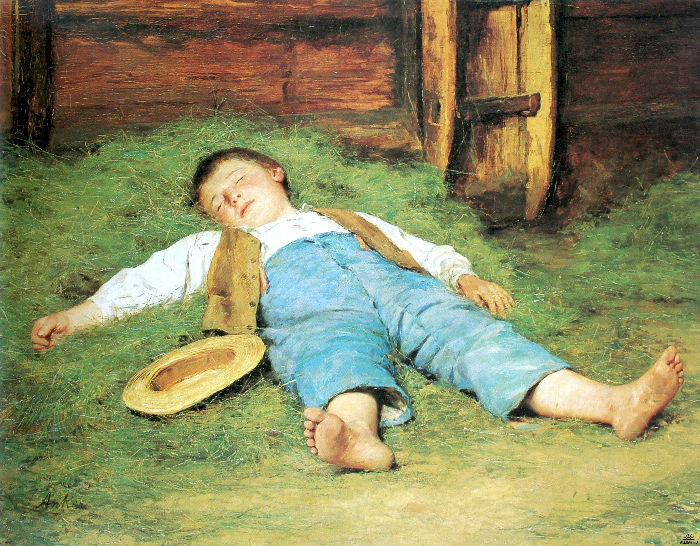 Sleeping boy in the hay by Albert Anker
