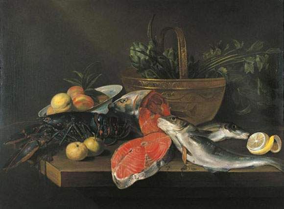 Still life with lobster, salmon, peeled lemon and fruits in a bowl and vegetables in a copper basket on a table by Frans Ykens