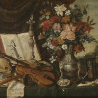 Vanitas Still Life with Musical Instruments and Flowers in a Silver Tripod Vase by Jacques Linard