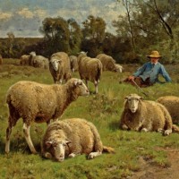 A Shepherd and His Dog Guarding a Flock of Sheep by Cornelis van Leemputten