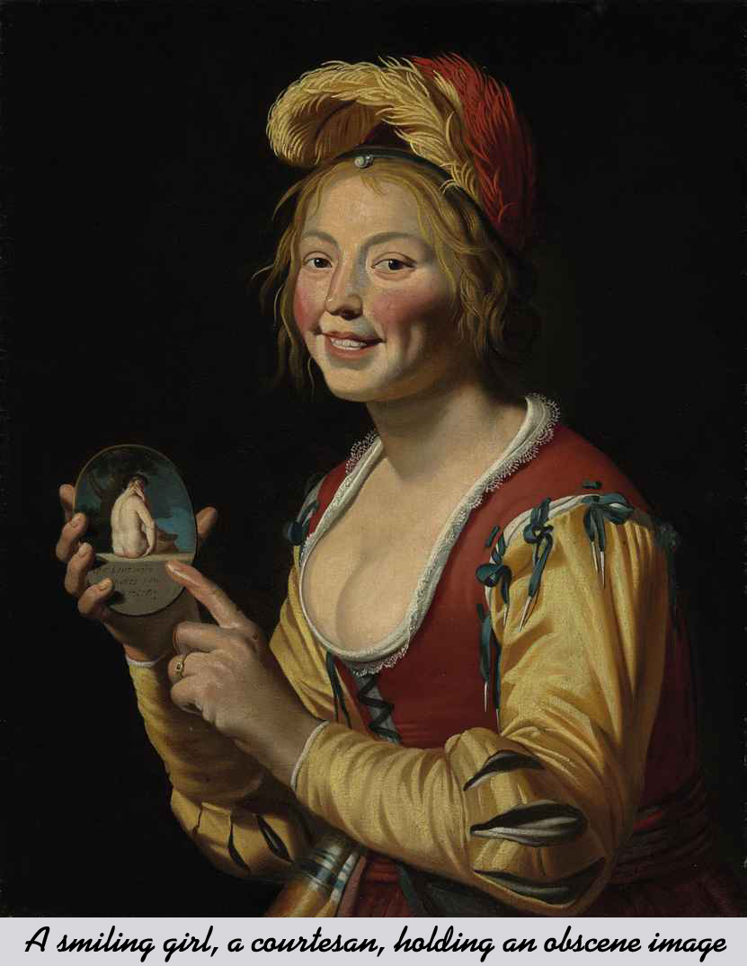 A smiling girl a courtesan, holding an obscene image by Gerrit van Honthorst