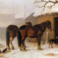 Horses in a Snow Covered Farm Yard by Wouterus Verschuur Jr.