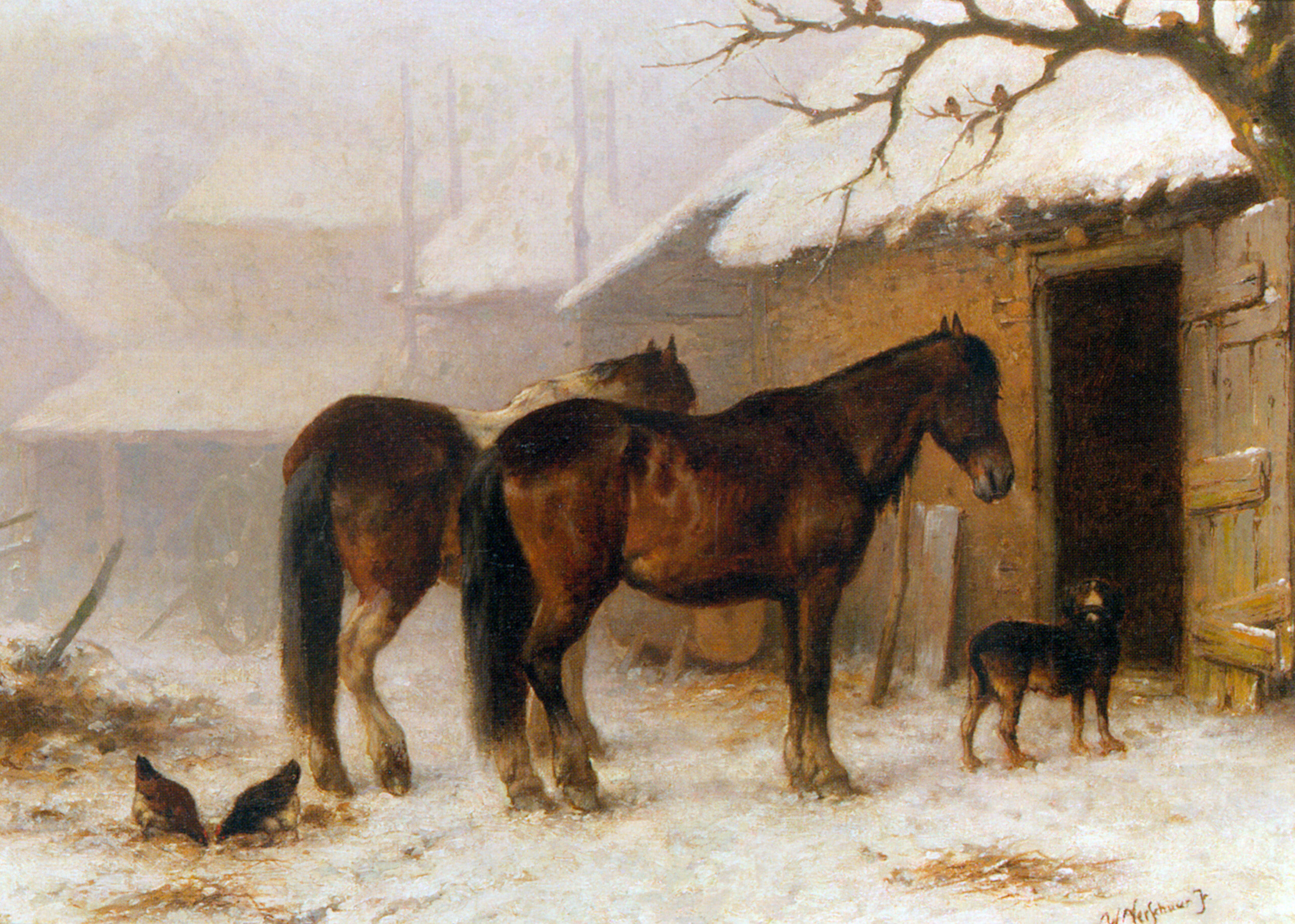 Horses in a Snow Covered Farm Yard by Wouterus Verschuur Jr.