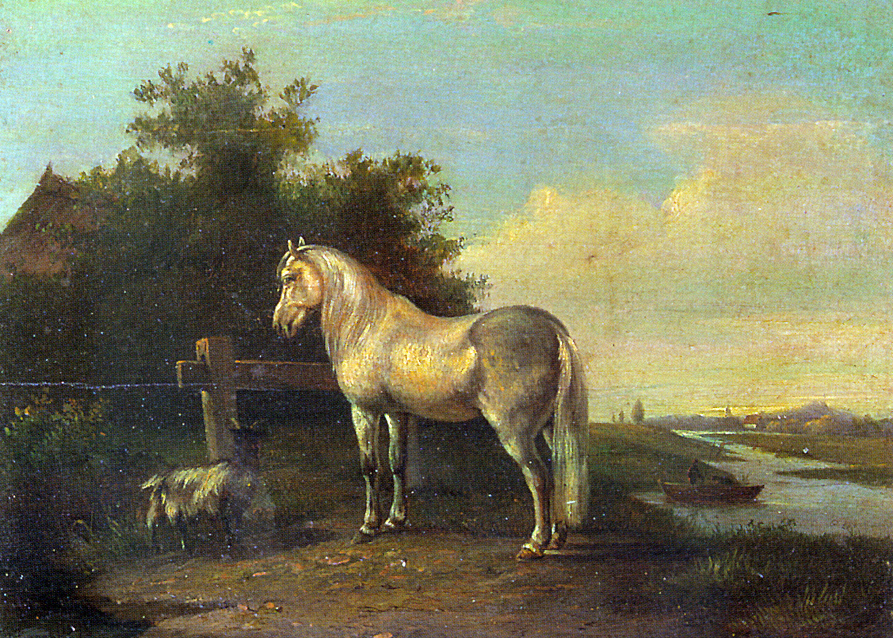 A Grey Horse and a Goat in a River Landscape by Pieter Frederik Van Os