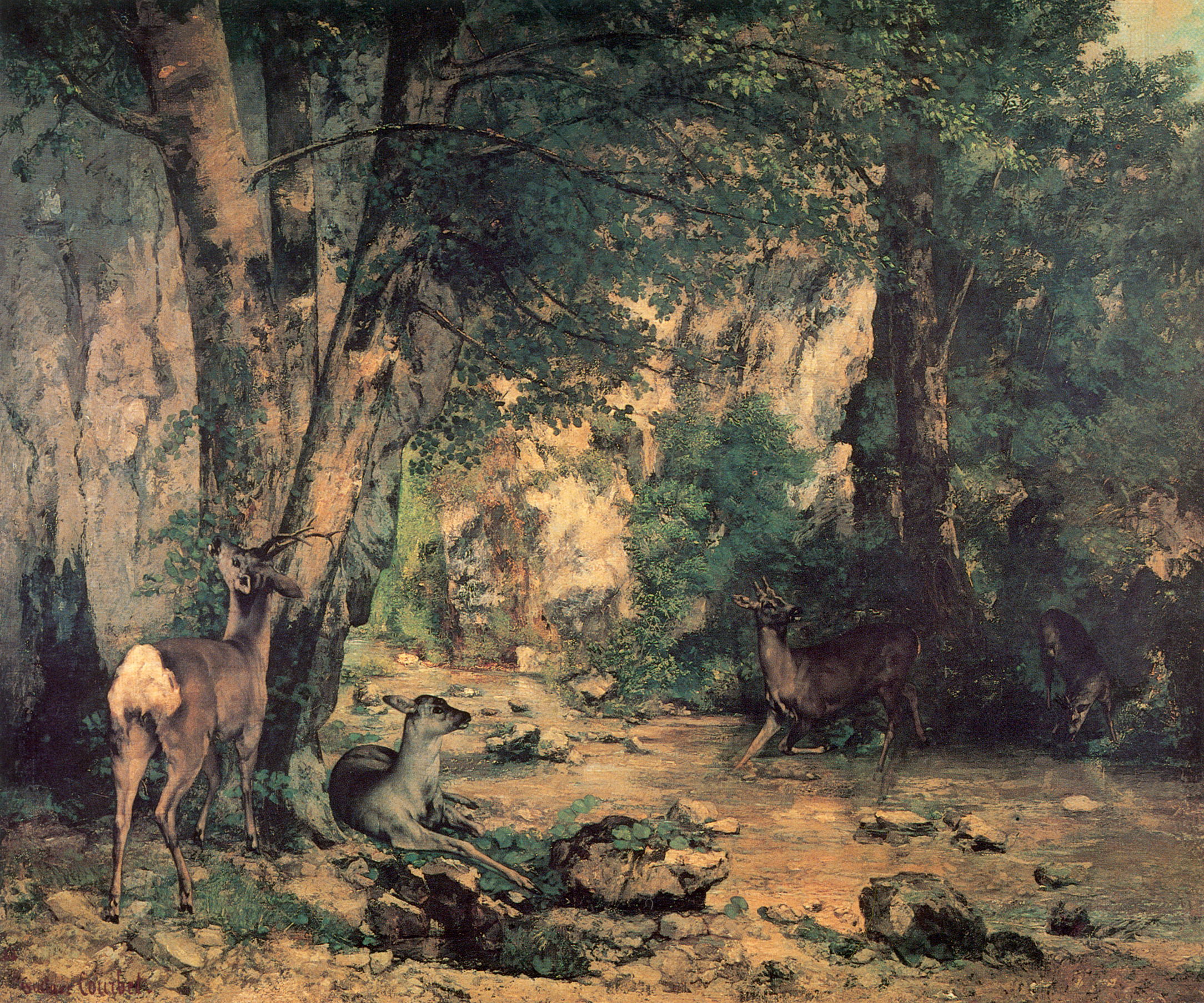 A Thicket of Deer at the Stream of Plaisir Fountaine by Gustave Courbet