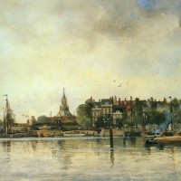 A Townview with Moored Vessels along a Quay by Johan Hendrik Van Mastenbroek