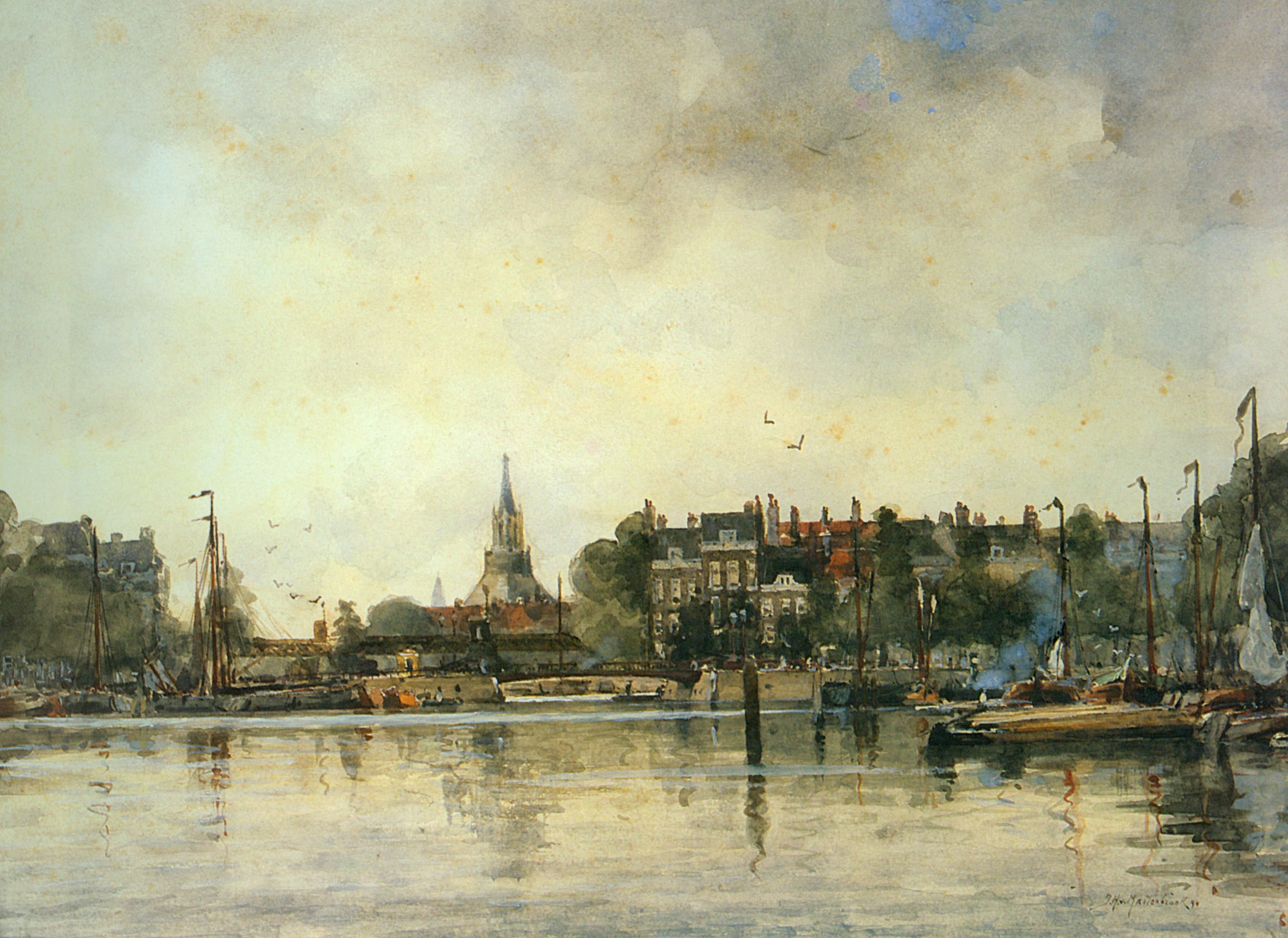 A Townview with Moored Vessels along a Quay by Johan Hendrik Van Mastenbroek