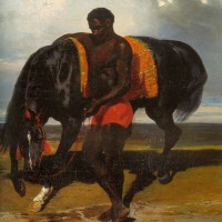 Africain tenant un cheval au bord d’une mer by Alfred Dedreux