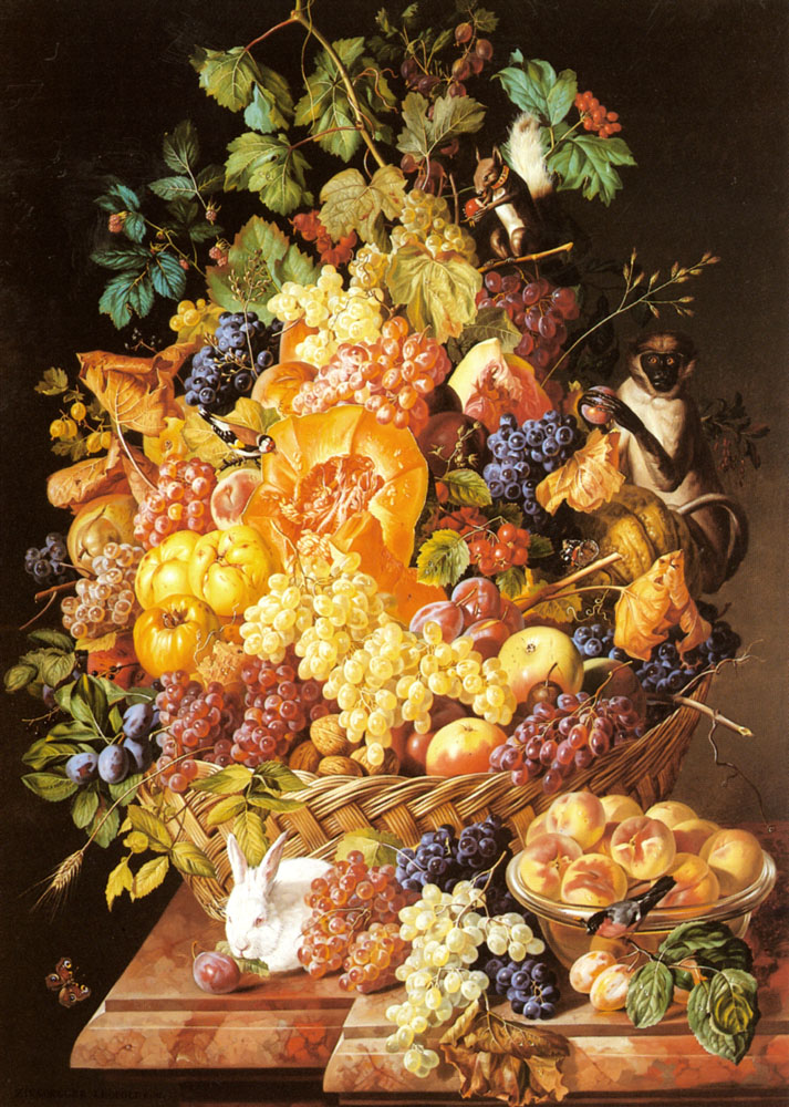 A Basket of Fruit with Animals by Leopold Zinnogger