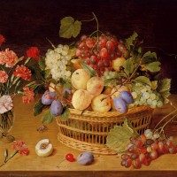 A Still Life Of A Vase Of Carnations To The Left Of A Basket Of Fruit by Jacob van Hulsdonck