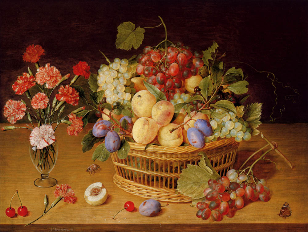 A Still Life Of A Vase Of Carnations To The Left Of A Basket Of Fruit by Jacob van Hulsdonck