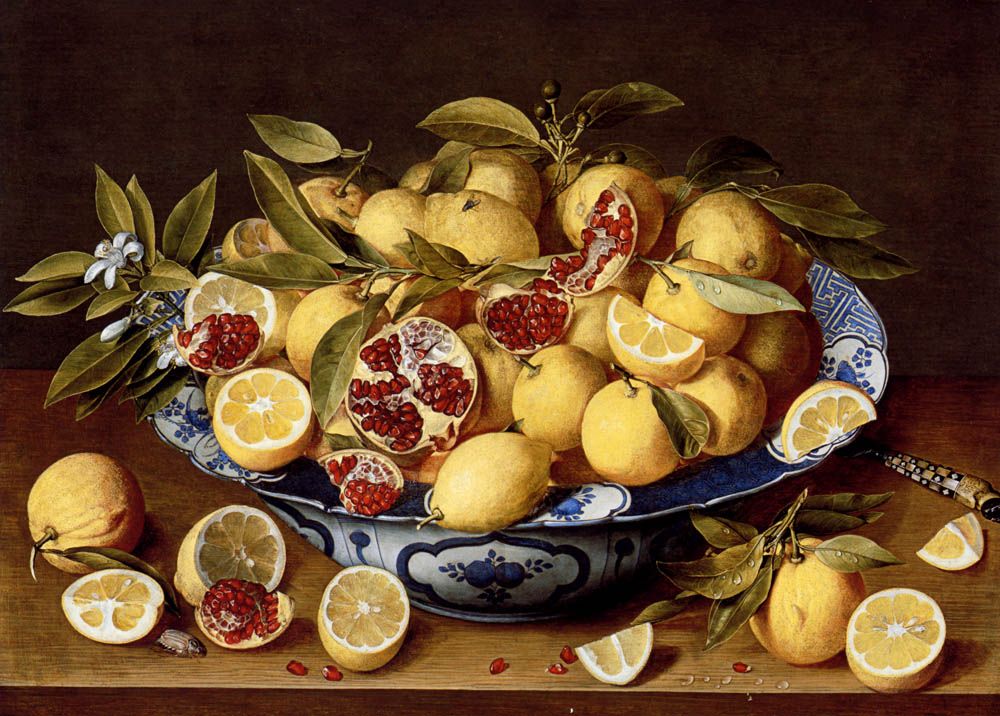 A Still Life Of A Wanli Kraak Porcelain Bowl Of Citrus Fruit And Pomegranates On A Wooden Table by Jacob van Hulsdonck
