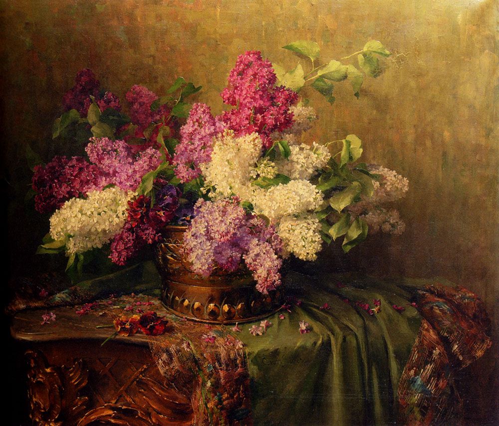 A Still Life With Lilacs And Violets On A Draped Guilt Rococo Table by Clara Von Sivers