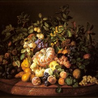 A Still Life of Fruit on a Marble Ledge by Leopold Zinnogger