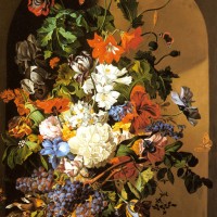 A Still Life with Flowers and Grapes by Leopold Zinnogger