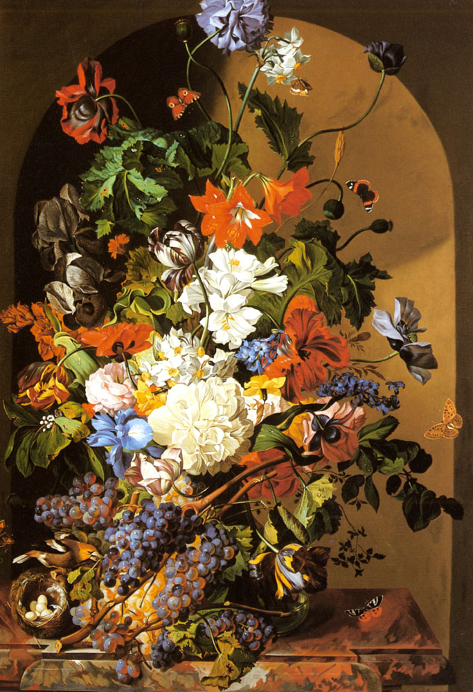 A Still Life with Flowers and Grapes by Leopold Zinnogger