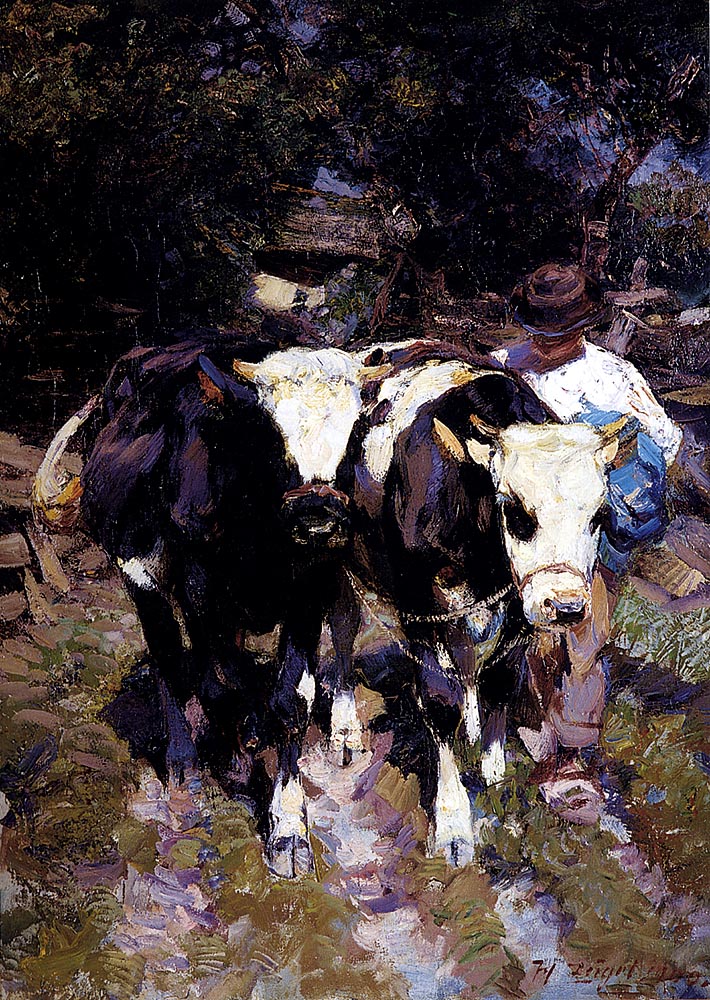 Two Harnessed Calves by Heirich von Zugel
