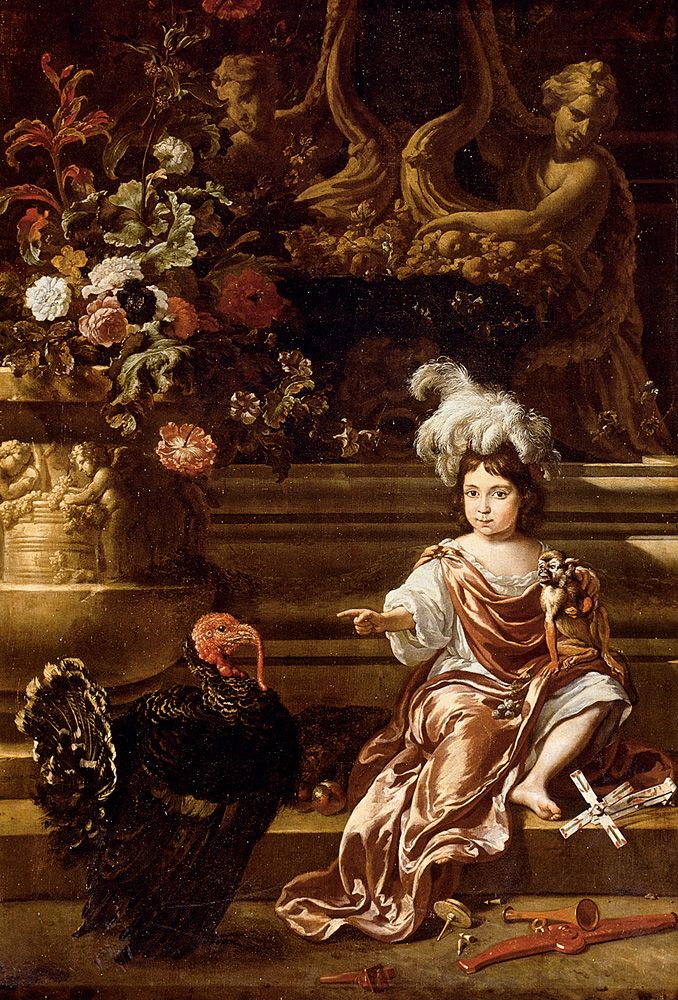 A Boy Seated On A Terrace With His Pet Monkey And a Turkey A Still Life Of Flowers In A Sculpted Urn At Left by Jan Weenix