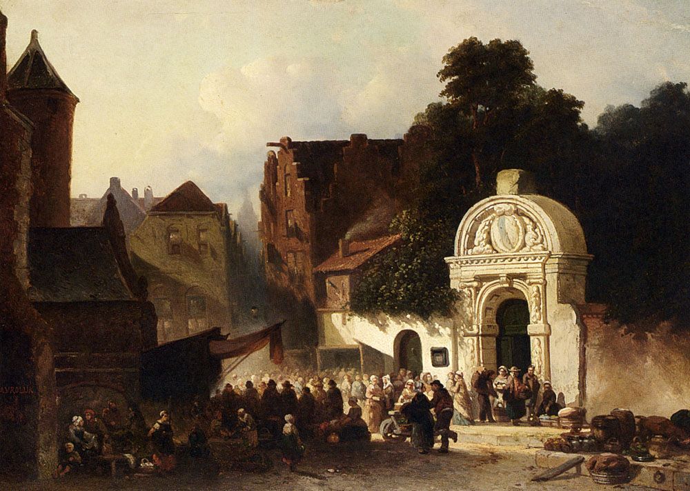 A Busy Market In A Dutch Town by Jacobus Adrianus Vrolijk