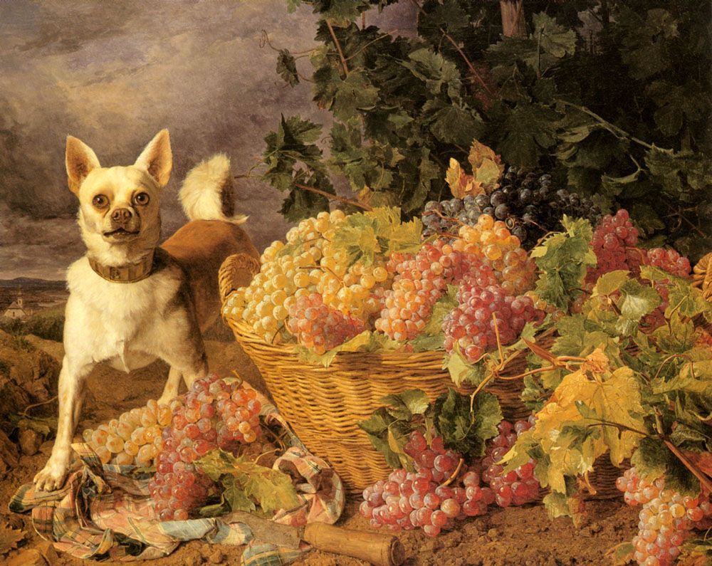 A Dog By A Basket Of Grapes In A Landscape by Ferdinand Georg Waldmuller