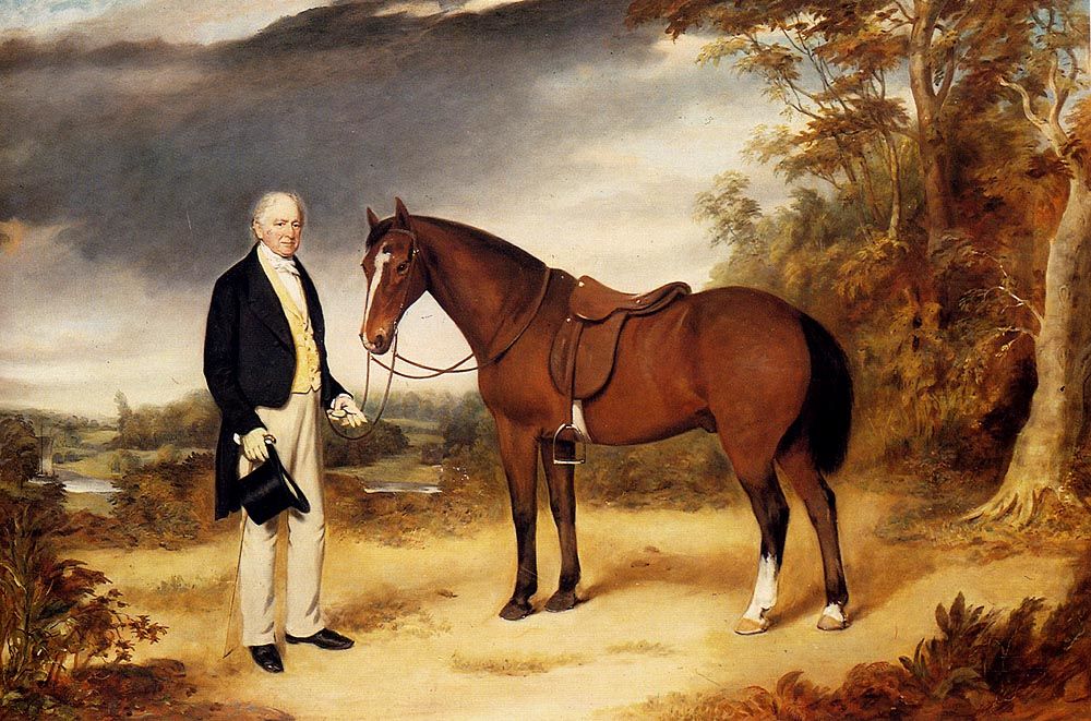 A Gentleman Holding a Chestnut Hunter in a Wooded Landscape by William Webb