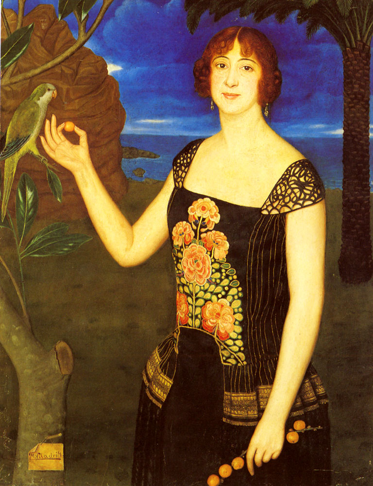 A Portrait Of A Lady With A Parakeet In A Tropical Landscape by Miguel Viladrich