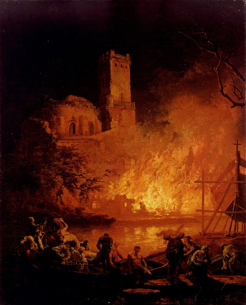 A River Landscape With Figures Fleeing A Burning City by Pierre Jacques Volaire