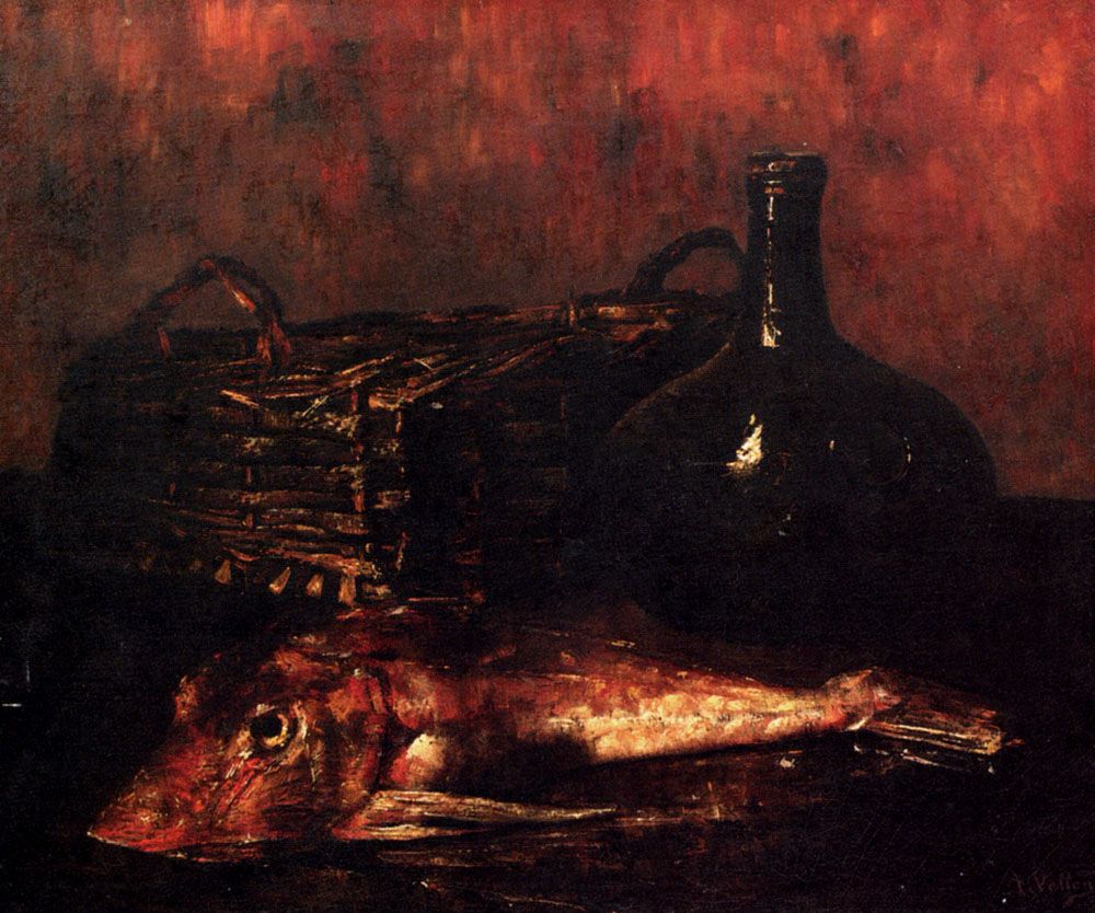 A Still Life With A Fish A Bottle And A Wicker Basket by Antoine Vollon