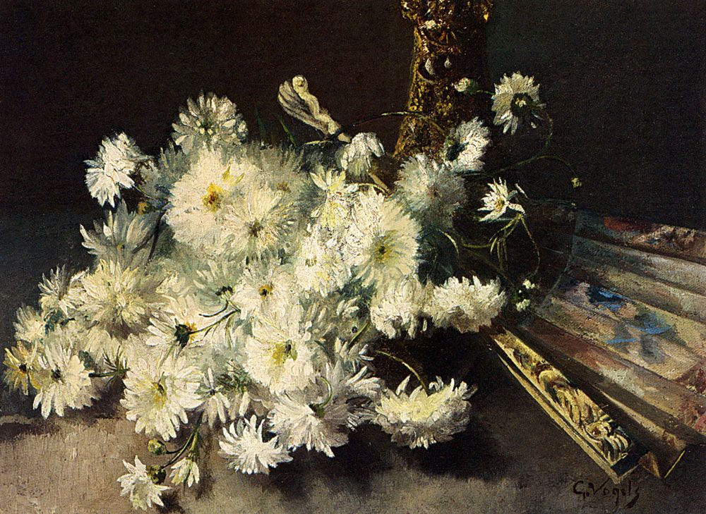 A Still Life With Chrysanthemums And A Fan by Guillaume Vogels