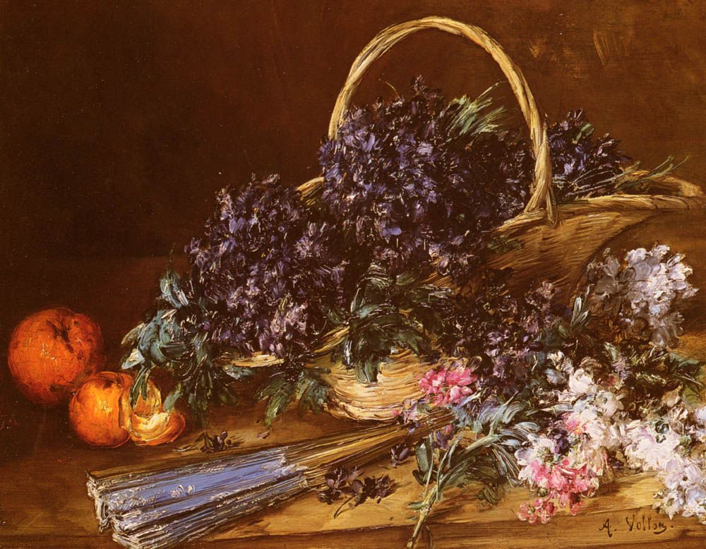 A Still Life with a Basket of Flowers Oranges and a Fan on a Table by Antoine Vollon