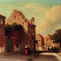 A Sunlit Townview With Figures Conversing by Jan Hendrik Weissenbruch