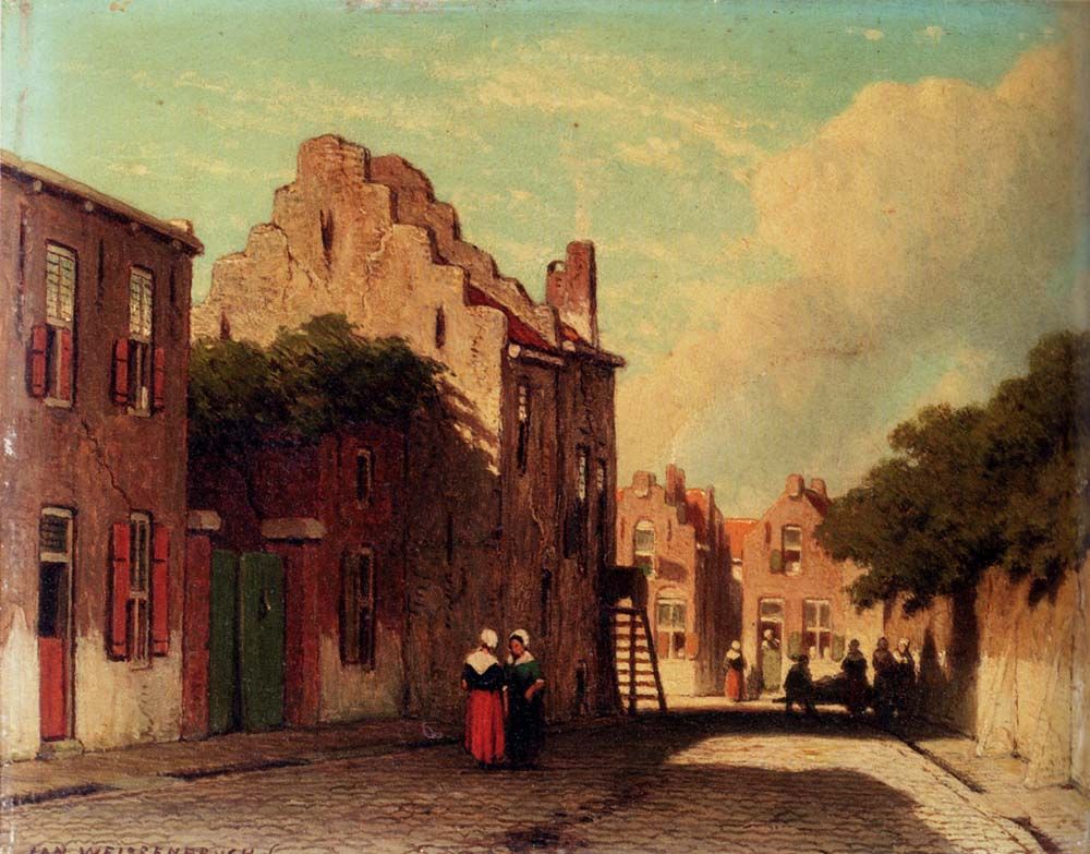 A Sunlit Townview With Figures Conversing by Jan Hendrik Weissenbruch