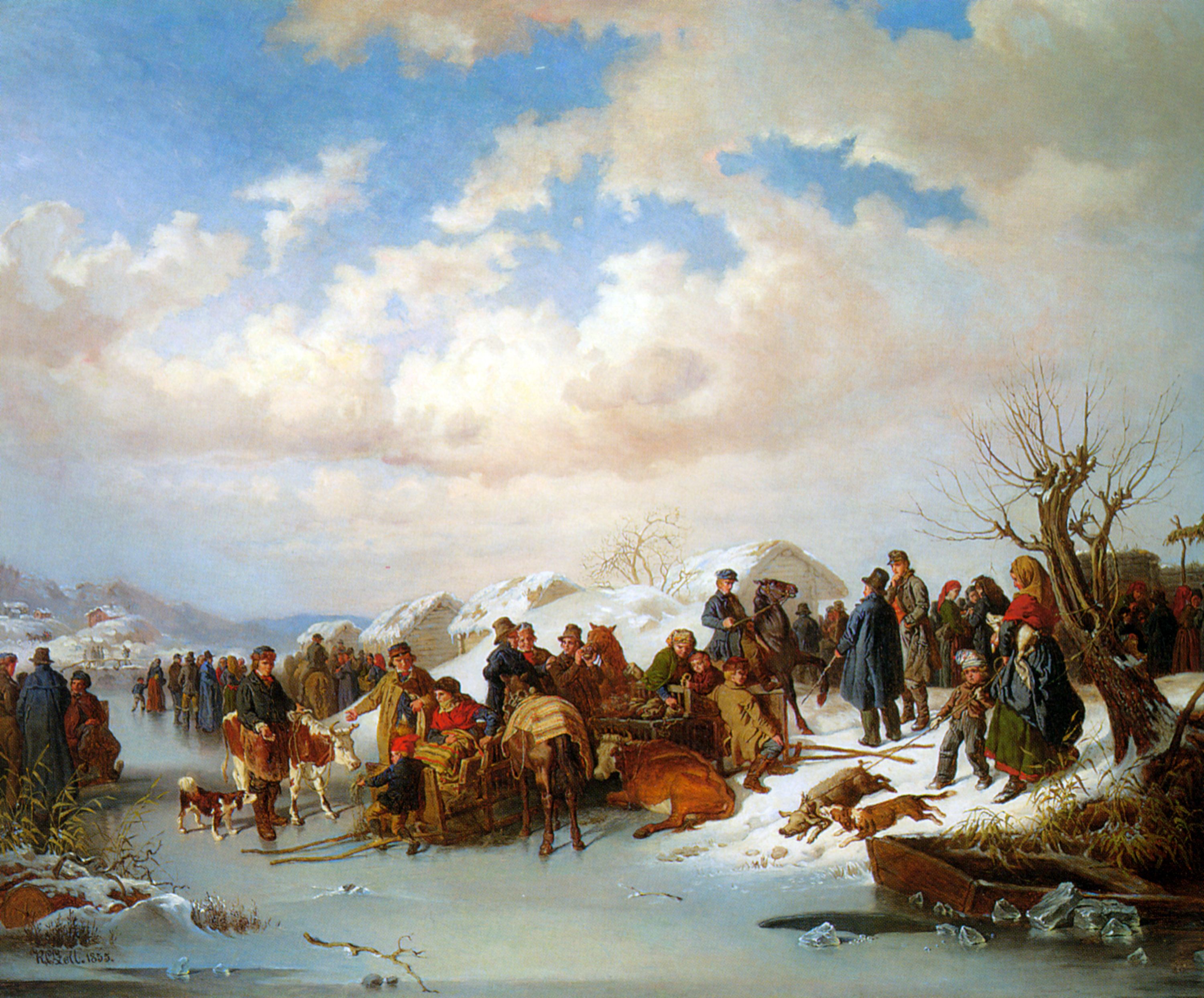 A Village Gathering along a Frozen River by Kilian Christoffer Zoll