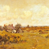 A gaggle of geese on a fram track in a Surrey landscape, a cottage beyond by Edward Wilkins Waite