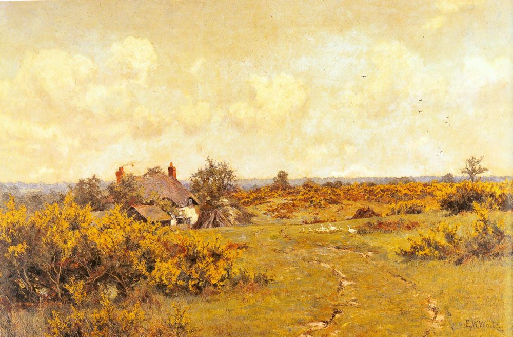 A gaggle of geese on a fram track in a Surrey landscape a cottage beyond by Edward Wilkins Waite