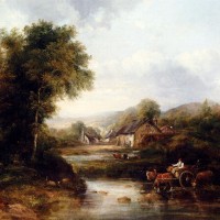 An Extensive River Landscape With A Drover In A Cart With His Cattle by Frederick Waters Watts