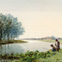 Children Playing By A River, A Village Beyond by George Stanfield Walters