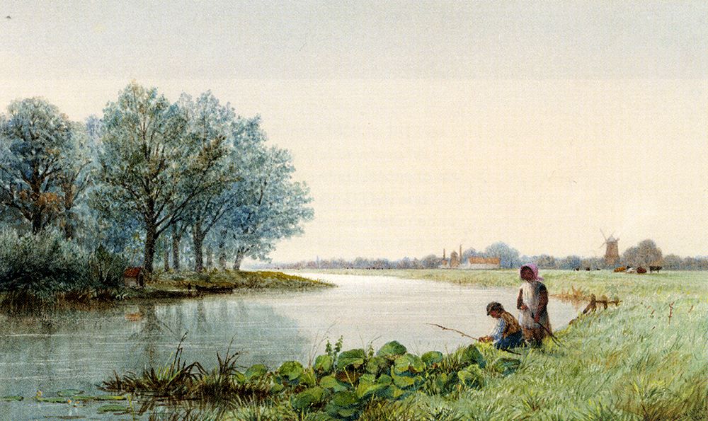 Children Playing By A River A Village Beyond by George Stanfield Walters