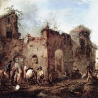Courtyard with a Farrier Shoeing a Horse by Philips Wouwerman