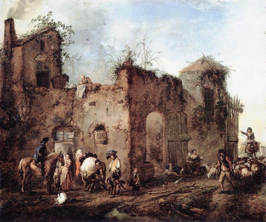 Courtyard with a Farrier Shoeing a Horse by Philips Wouwerman