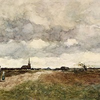Figures On A Country Road, A Church In The Distance by Jan Hendrik Weissenbruch